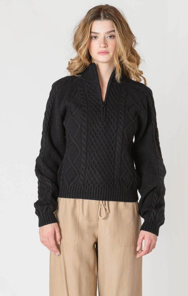 Dex Room 34 Half Zip Cable Knit Sweater In Black-The Trendy Walrus