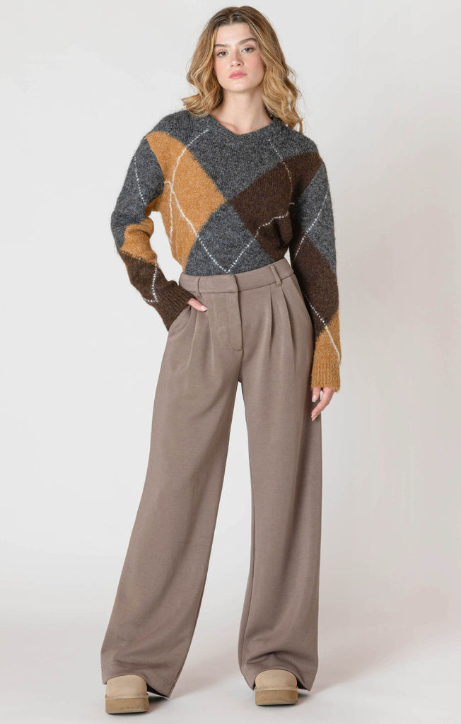 Dex Room 34 Wide Leg Knit Trouser In Dark Taupe-The Trendy Walrus