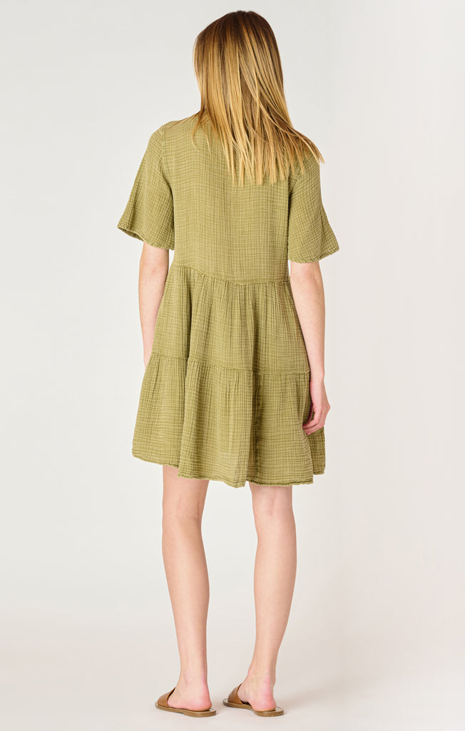 Dex SS Flowy Tiered Mini Dress In Washed Sage-The Trendy Walrus