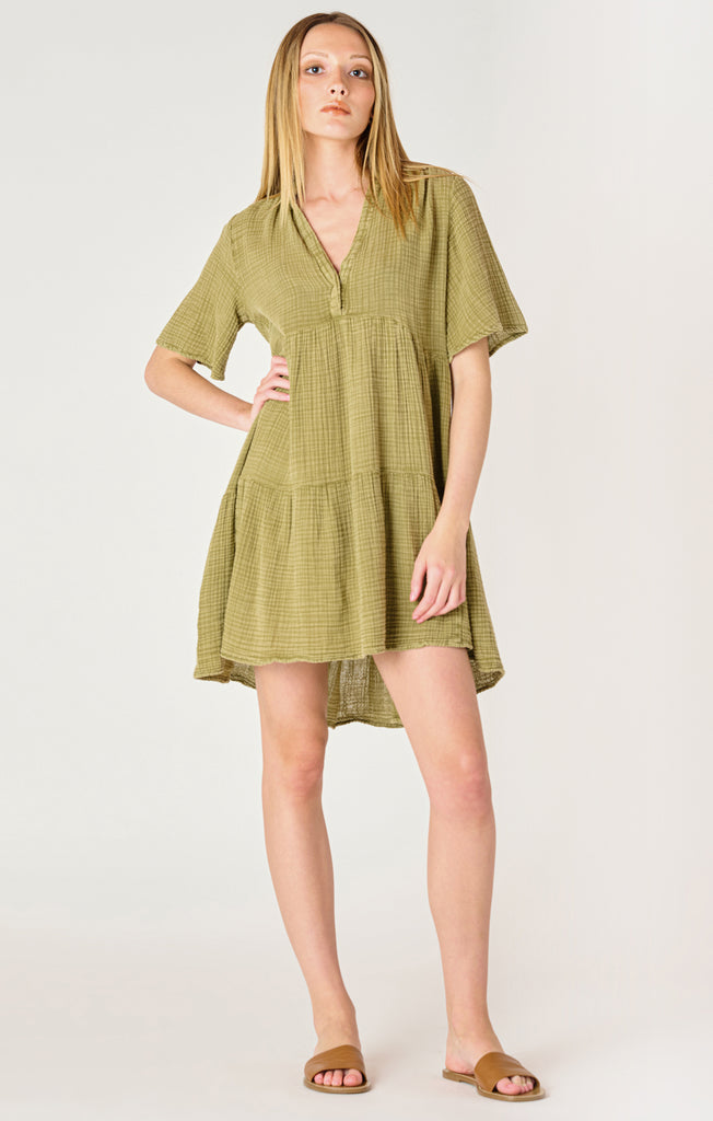 Dex SS Flowy Tiered Mini Dress In Washed Sage-The Trendy Walrus