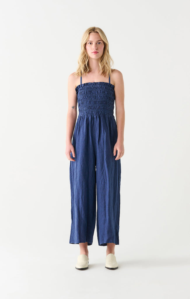 Dex Smocked Strapless Jumpsuit In Navy-The Trendy Walrus