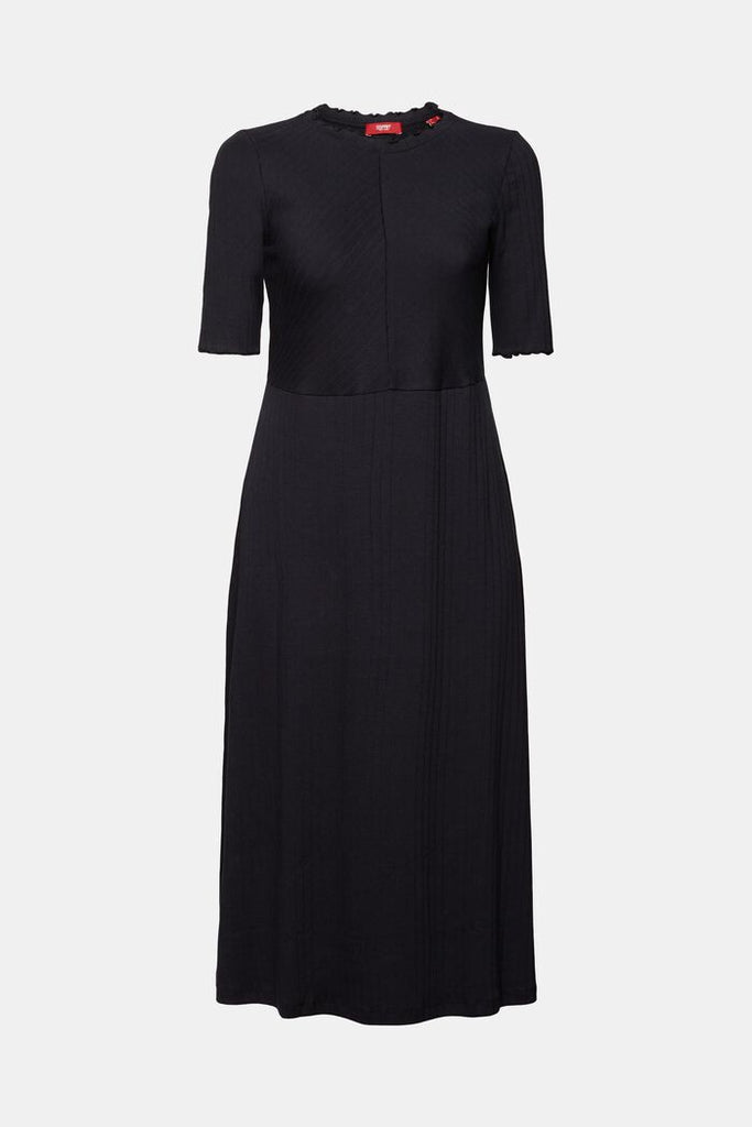 Esprit 1/2 Sleeve Ribbed Jersey Midi Flared Dress In Black-The Trendy Walrus