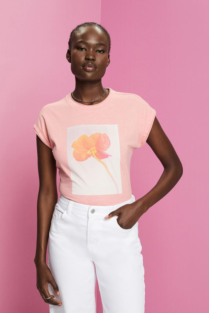 Esprit Modal Slub Flower SS T-shirt In Pink-The Trendy Walrus