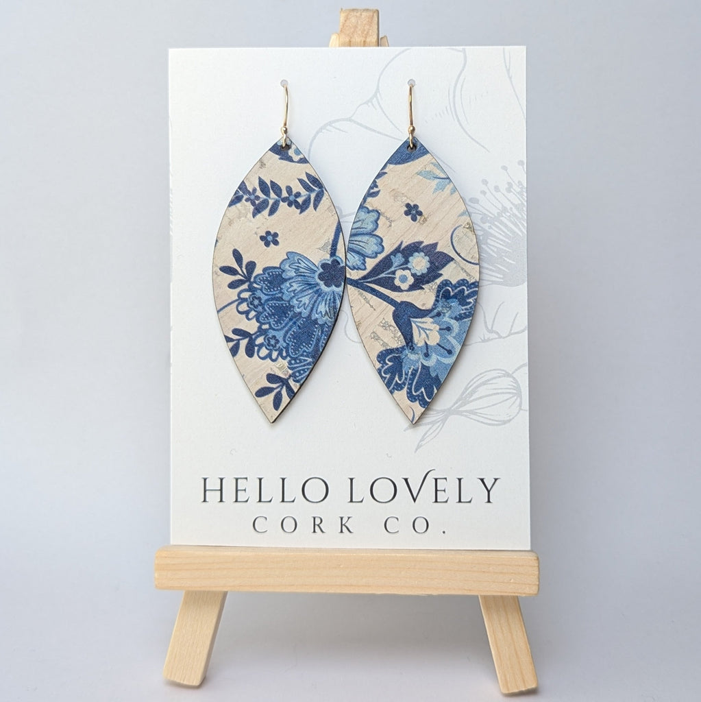 Hello Lovely Cork Co. - Blue and White Floral Cork Earrings - Large Leaf-The Trendy Walrus