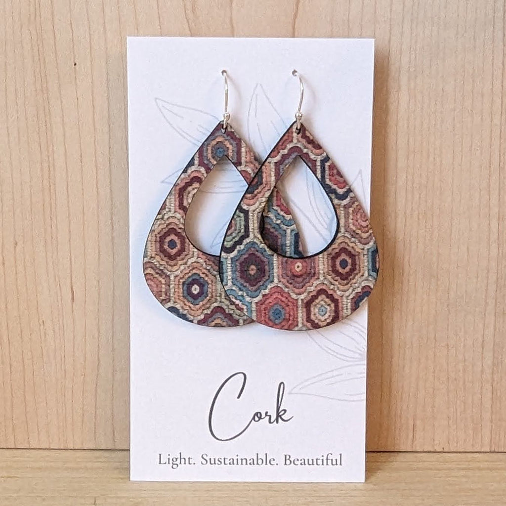 Hello Lovely Cork Co. - Embroidered Hexagons Cork Earrings - Large Teardrop-The Trendy Walrus