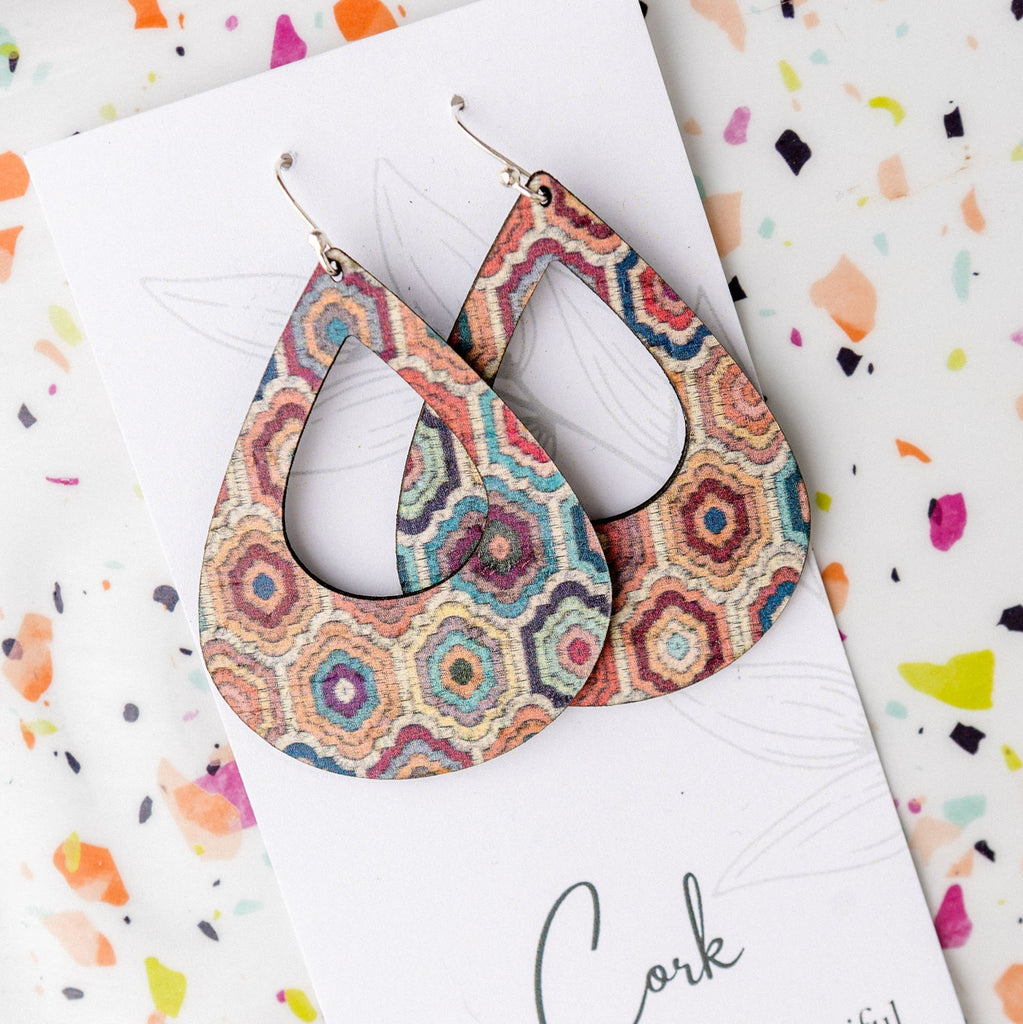 Hello Lovely Cork Co. - Embroidered Hexagons Cork Earrings - Large Teardrop-The Trendy Walrus