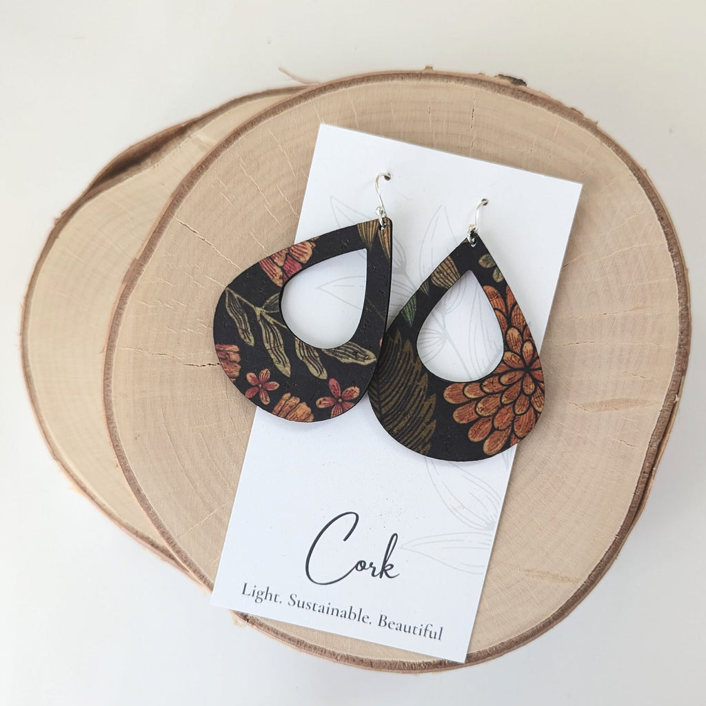 Hello Lovely Cork Co - Floral on Black Cork Earrings - Large Teardrop-The Trendy Walrus