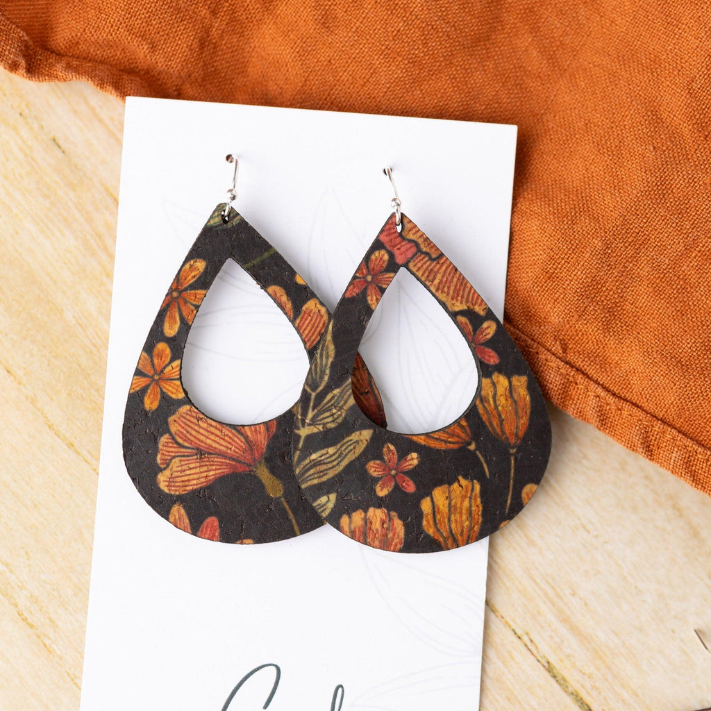 Hello Lovely Cork Co - Floral on Black Cork Earrings - Large Teardrop-The Trendy Walrus