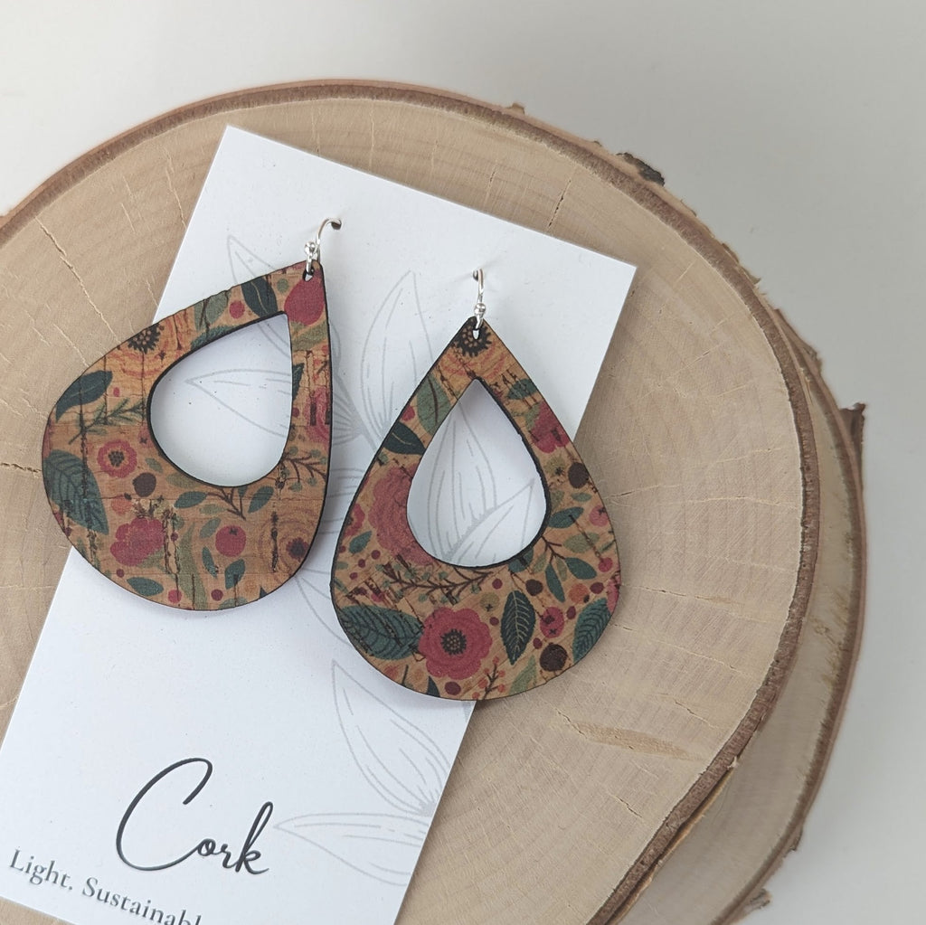 Hello Lovely Cork Co. - Green and Pink Floral Cork Earrings - Large Teardrop-The Trendy Walrus