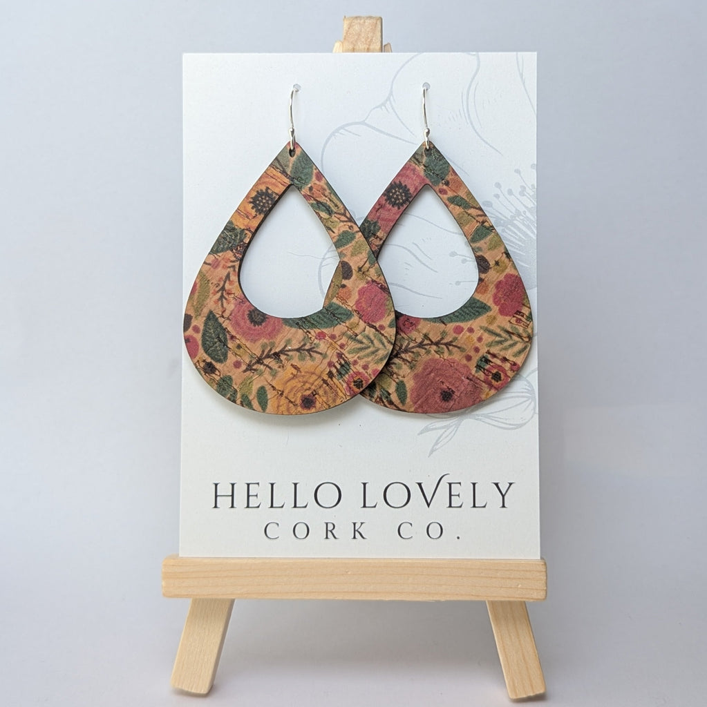 Hello Lovely Cork Co. - Green and Pink Floral Cork Earrings - Large Teardrop-The Trendy Walrus