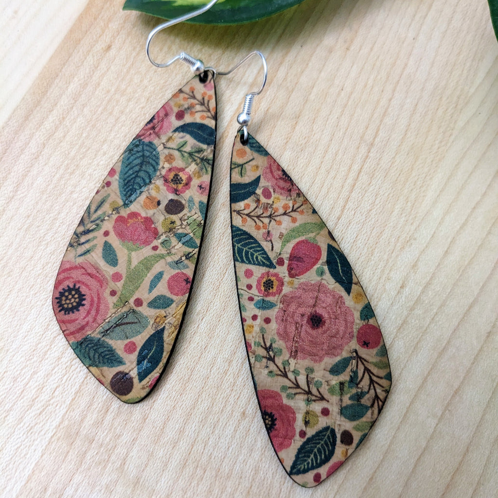 Hello Lovely Cork Co. - Green and Pink Floral Cork Earrings - Large Wing-The Trendy Walrus