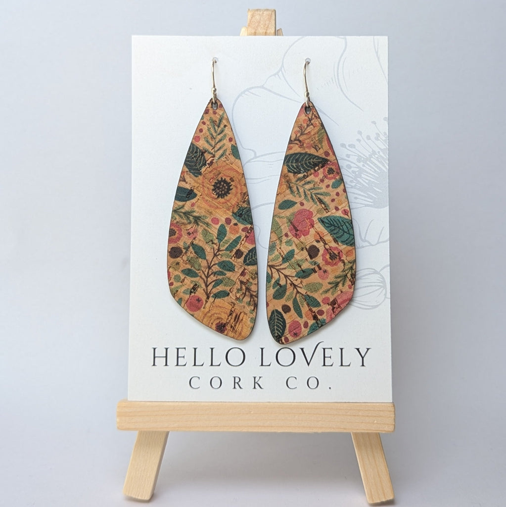 Hello Lovely Cork Co. - Green and Pink Floral Cork Earrings - Large Wing-The Trendy Walrus