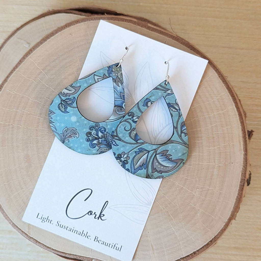 Hello Lovely Cork Co. - Olive and Teal Floral Cork Earrings - Large Teardrop-The Trendy Walrus