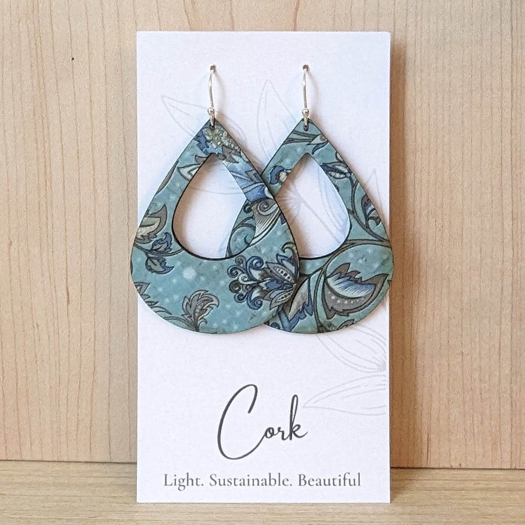 Hello Lovely Cork Co. - Olive and Teal Floral Cork Earrings - Large Teardrop-The Trendy Walrus