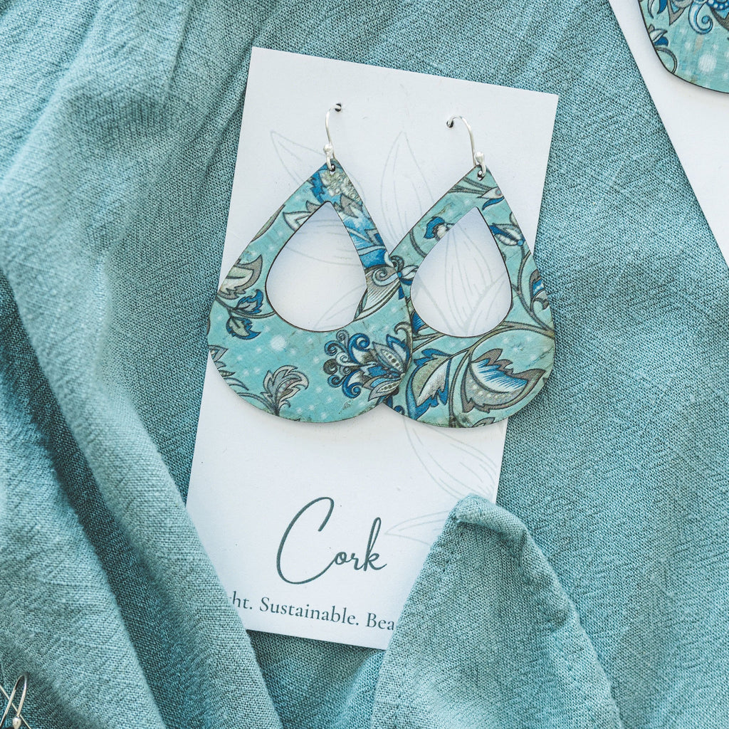 Hello Lovely Cork Co. - Olive and Teal Floral Cork Earrings - Large Teardrop-The Trendy Walrus