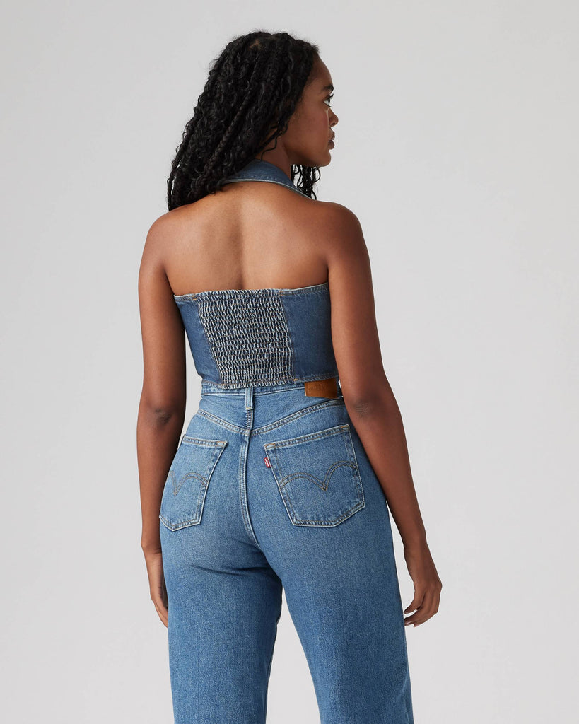 Levi's Bria Denim Corset Halter Top In Mid/Dark Wash Cornerback-The Trendy Walrus