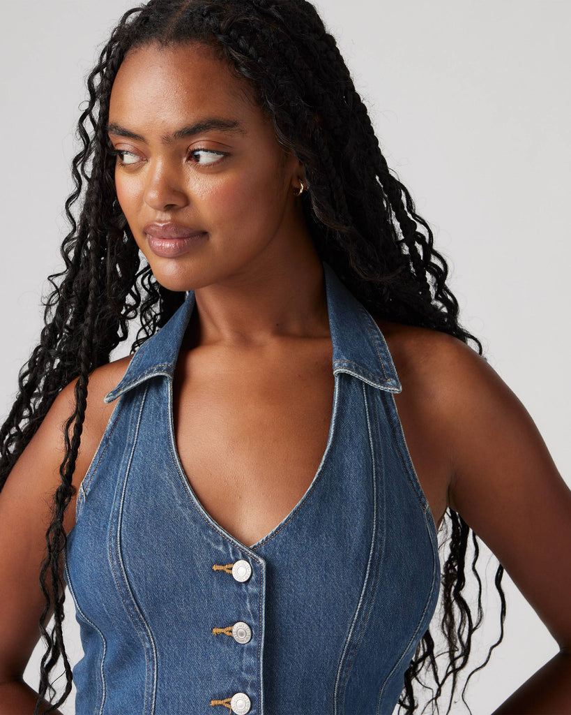 Levi's Bria Denim Corset Halter Top In Mid/Dark Wash Cornerback-The Trendy Walrus