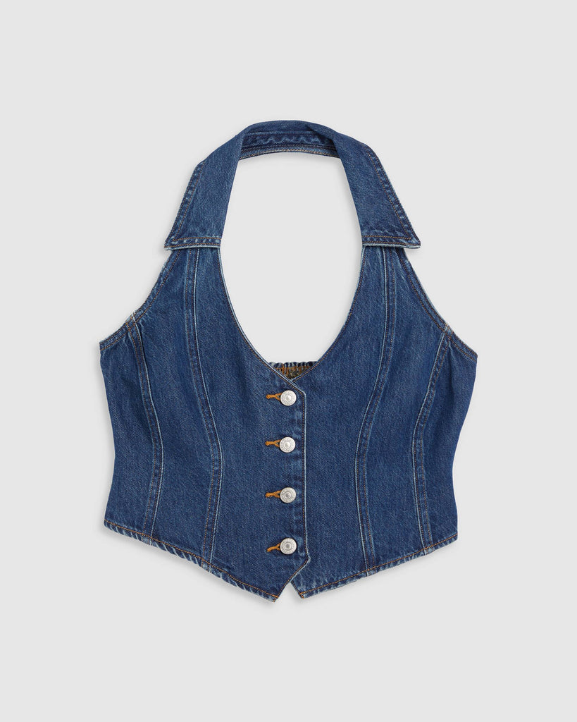 Levi's Bria Denim Corset Halter Top In Mid/Dark Wash Cornerback-The Trendy Walrus