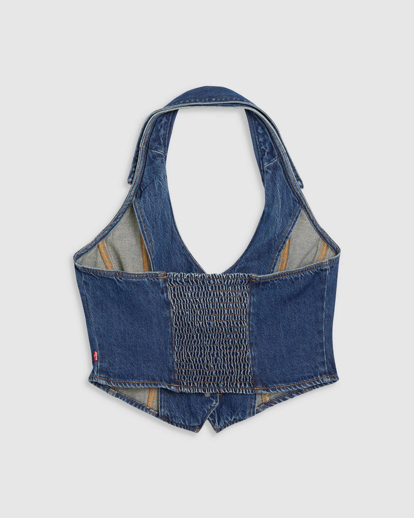 Levi's Bria Denim Corset Halter Top In Mid/Dark Wash Cornerback-The Trendy Walrus