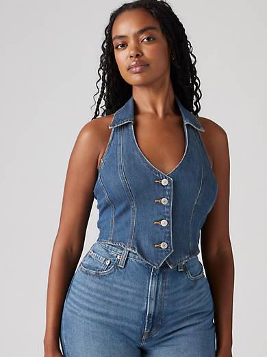 Levi's Bria Denim Corset Halter Top In Mid/Dark Wash Cornerback-The Trendy Walrus