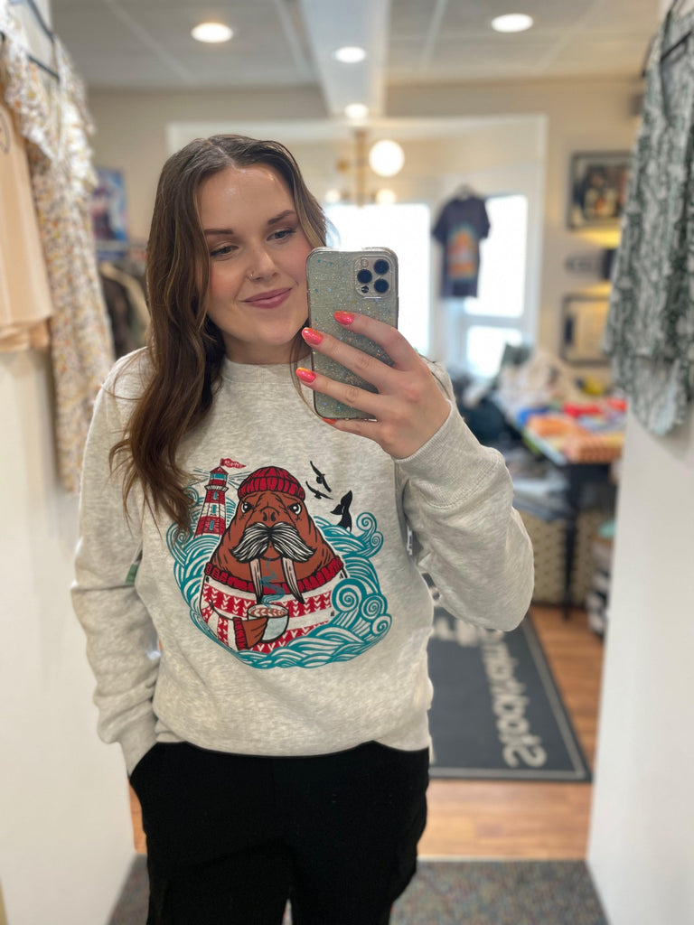 LoveMaking Designs Wally X The Walrus Crew Neck In Oatmeal Heather-The Trendy Walrus
