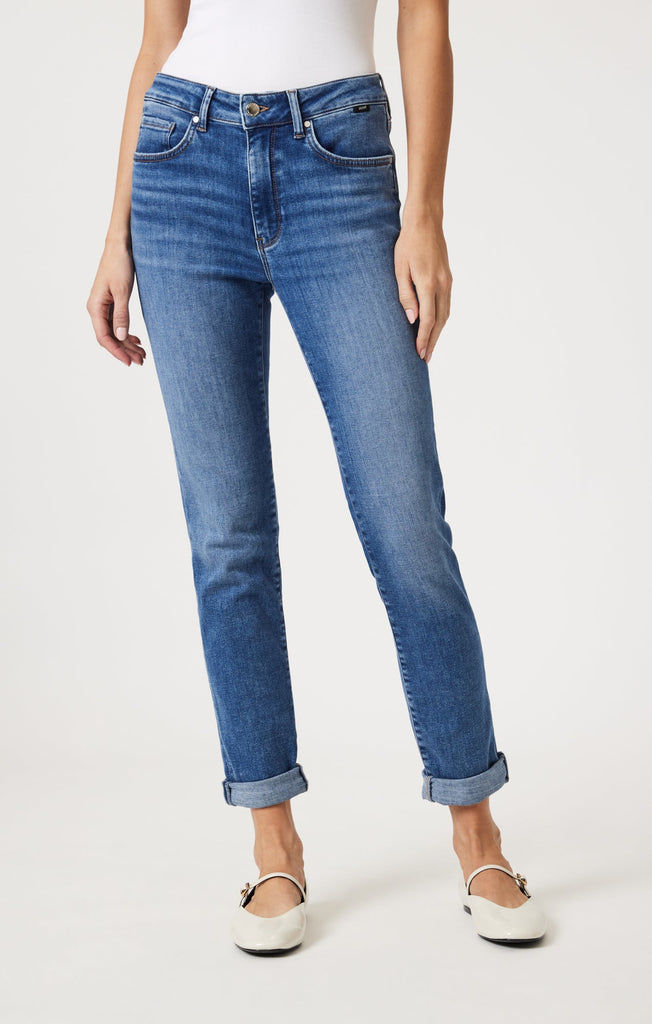 Mavi Kathleen Slim Boyfriend Jean In Mid Brushed Feather Blue-The Trendy Walrus