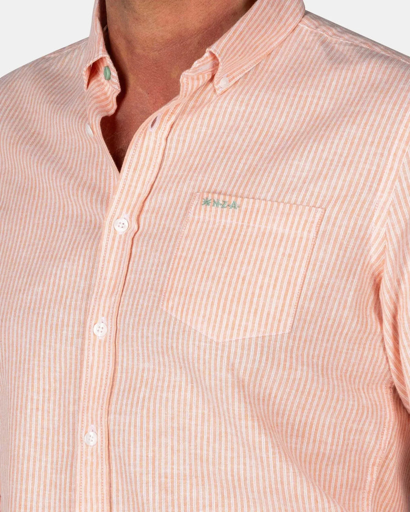 NZA Ronan Linen Shirt Button Down In Soft Tangerine Stripe-The Trendy Walrus