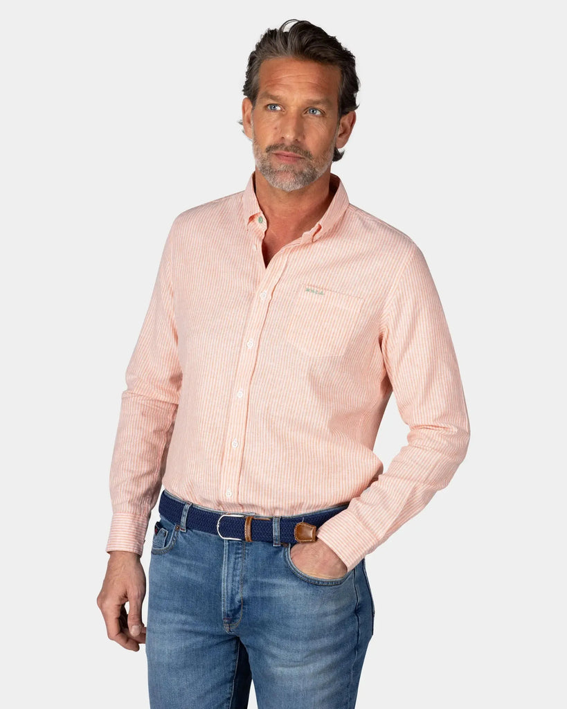 NZA Ronan Linen Shirt Button Down In Soft Tangerine Stripe-The Trendy Walrus