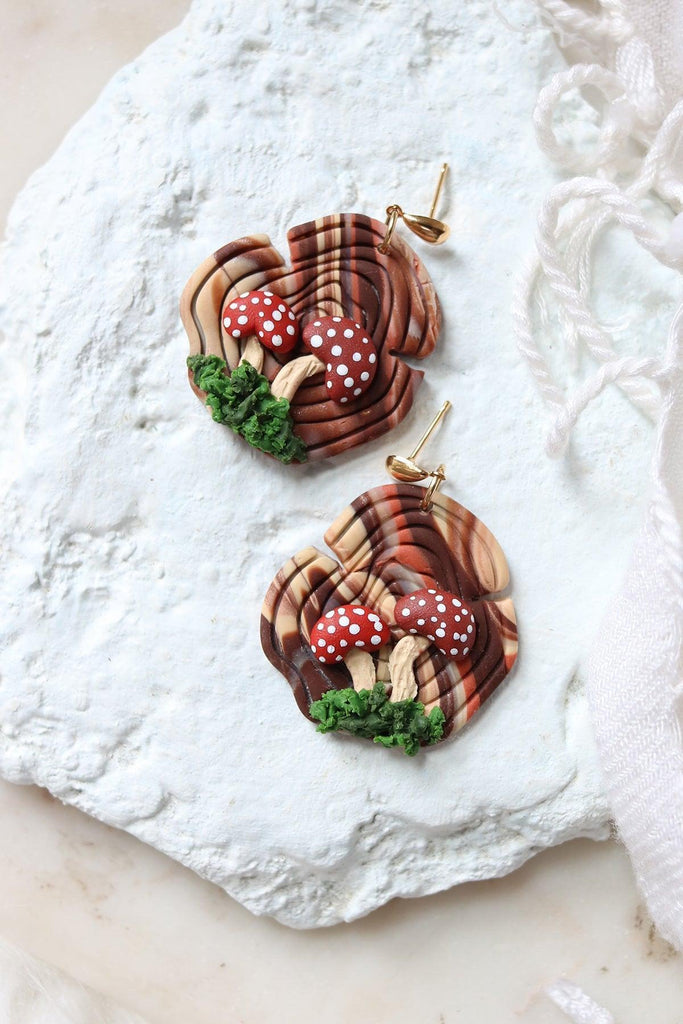 Petal & Posy Forage Woodgrain And Mushroom Polymer Clay Earrings-The Trendy Walrus