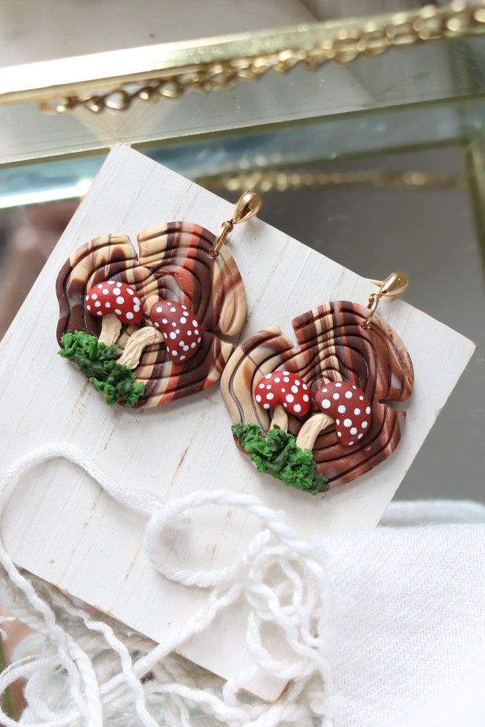 Petal & Posy Forage Woodgrain And Mushroom Polymer Clay Earrings-The Trendy Walrus