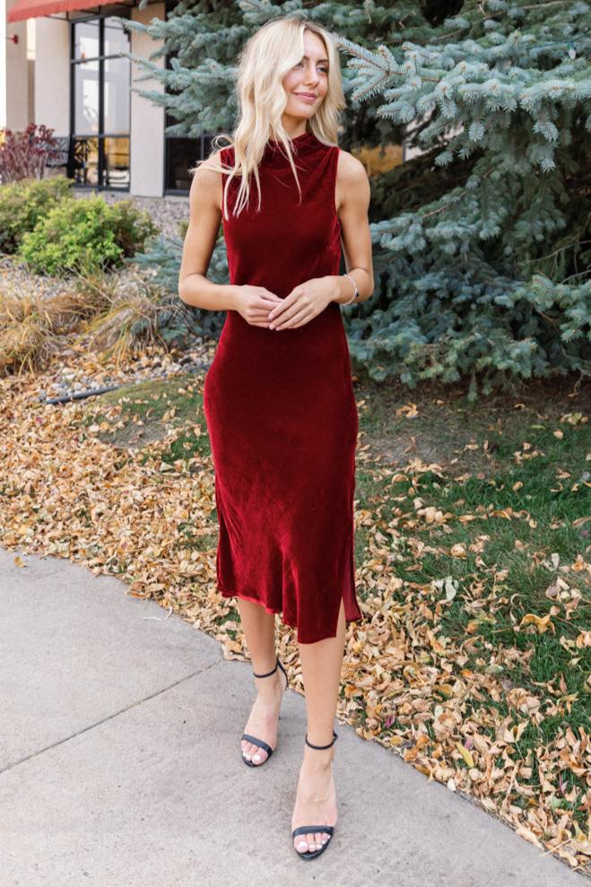 Project Social T Heading Out Velvet Dress In Red Current-The Trendy Walrus