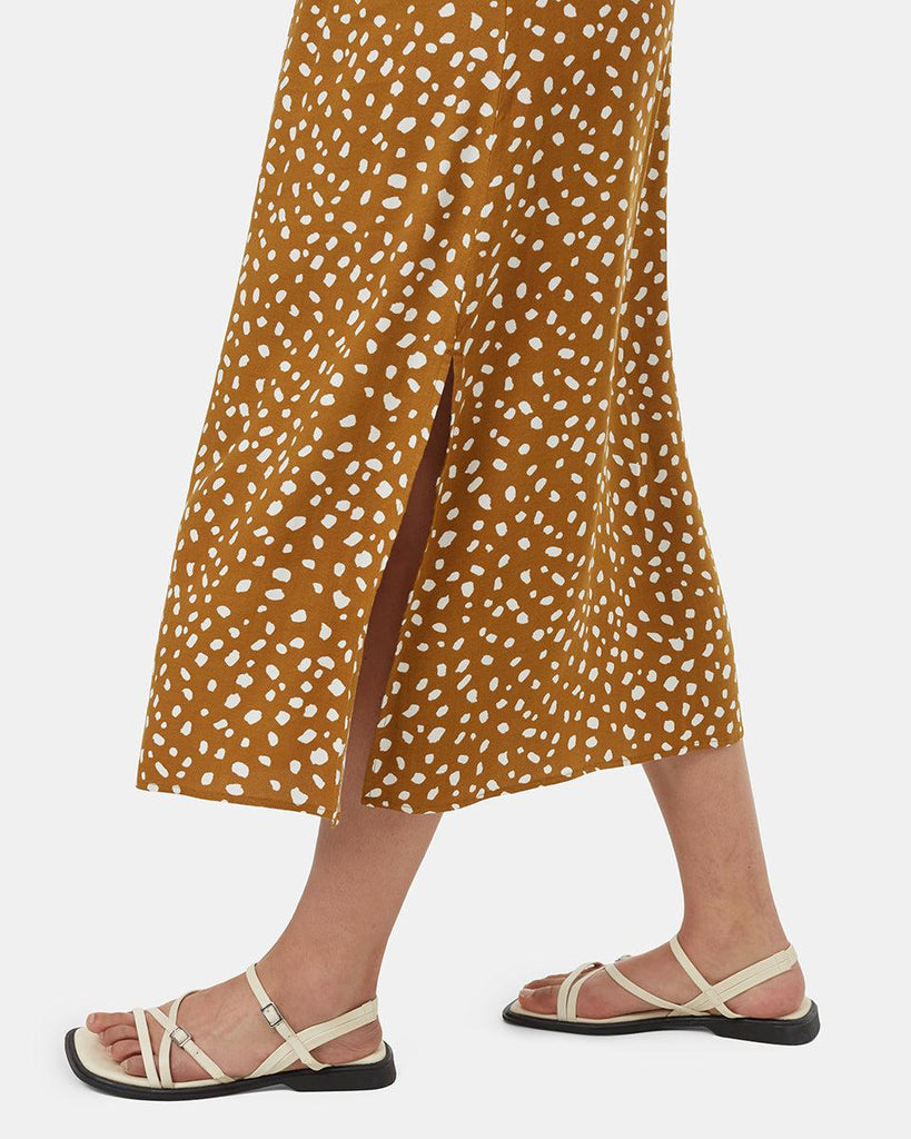 Tentree EcoWoven Crepe Skirt In Golden Brown/Painterly Dot-The Trendy Walrus