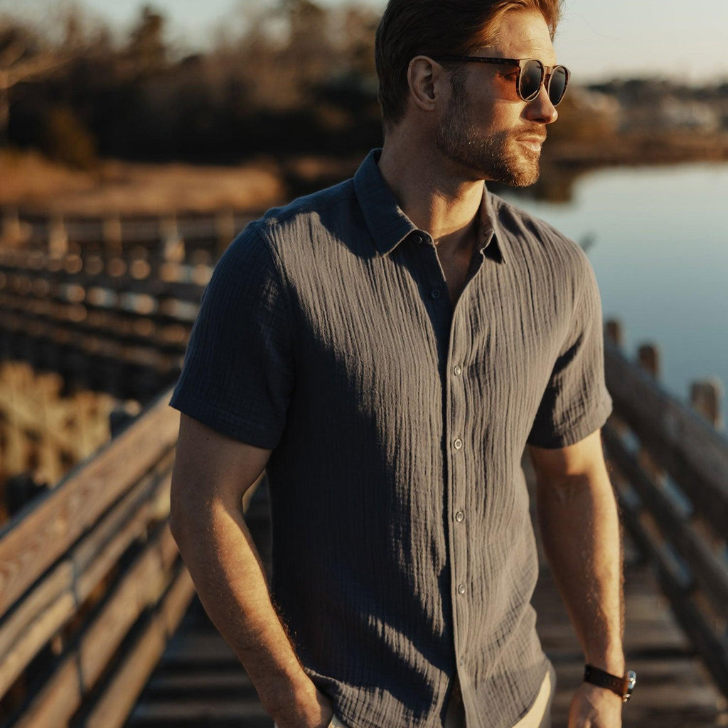 The Normal Brand Kalo Short Sleeve Button Up In Vintage Blue-The Trendy Walrus