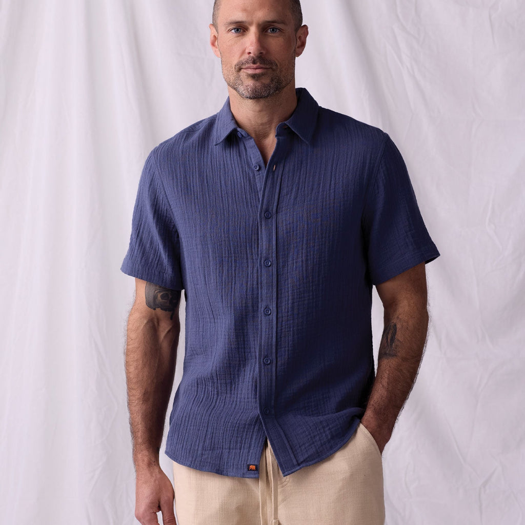 The Normal Brand Kalo Short Sleeve Button Up In Vintage Blue-The Trendy Walrus