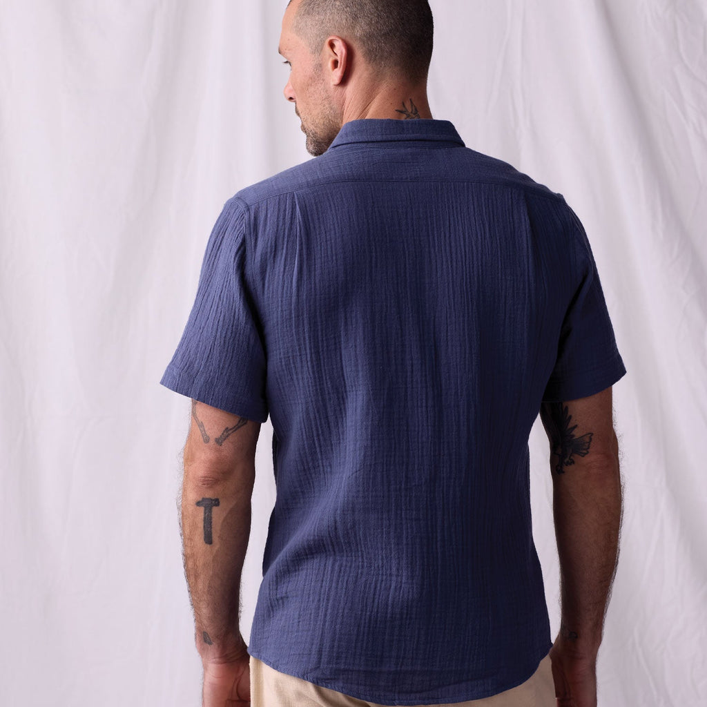 The Normal Brand Kalo Short Sleeve Button Up In Vintage Blue-The Trendy Walrus