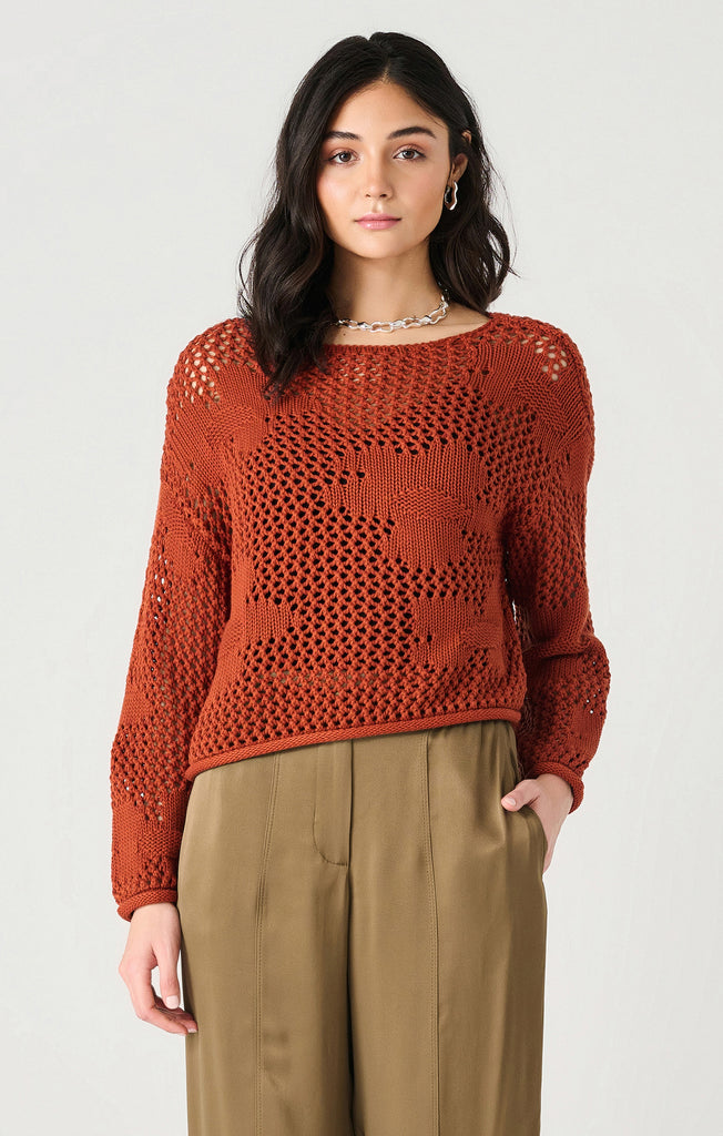 Dex Long Sleeved Crochet Floral Sweater In Burnt Orange-The Trendy Walrus