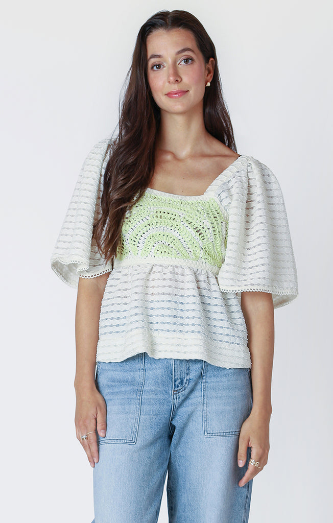 Dex Flutter Sleeve Crochet Top On Ivory/Lime-The Trendy Walrus