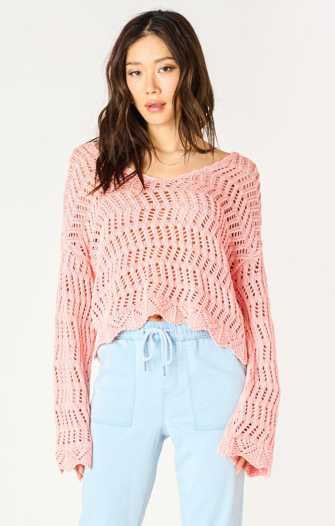 Dex Longsleeved V-Neck Crochet Sweater In Washed Apricot-The Trendy Walrus