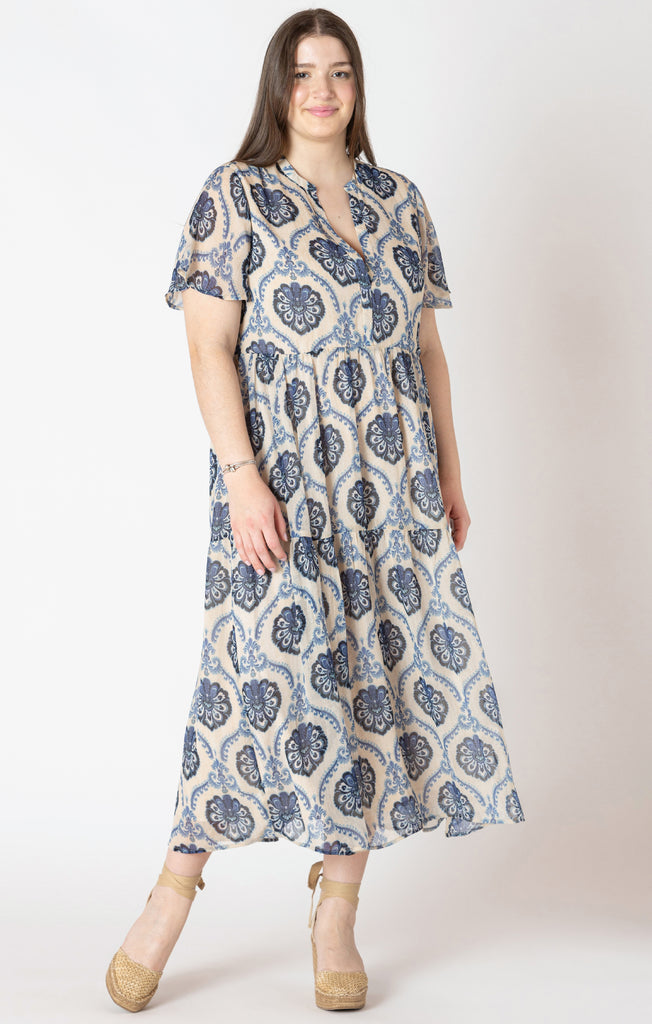 Dex Plus Flowy Midi Shirt Dress In Blue Medallion-The Trendy Walrus