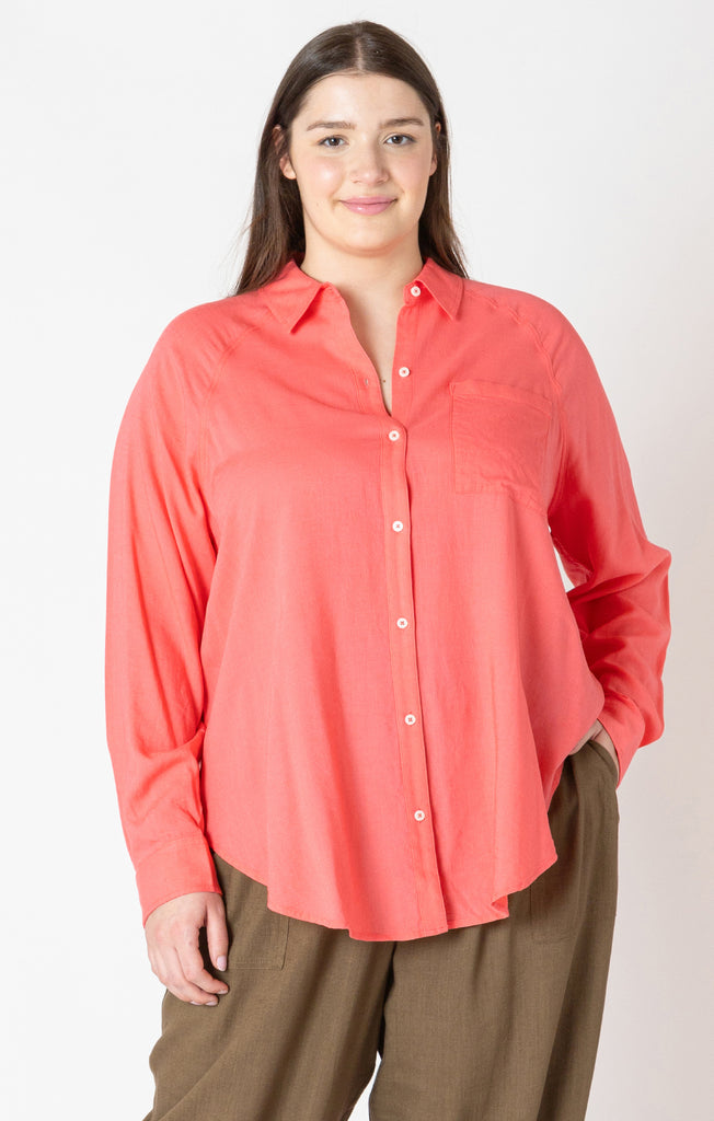 Dex Plus Button Front Blouse In Bright Coral-The Trendy Walrus