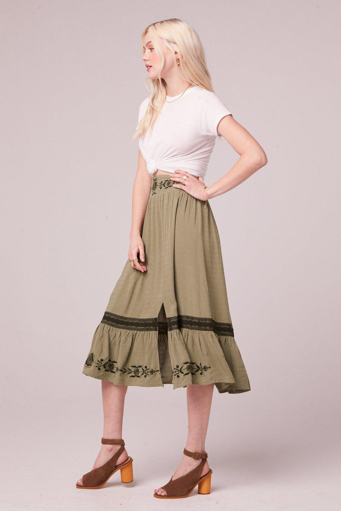 B.O.G Collective Gela Embroidered Midi Skirt in Moss-The Trendy Walrus