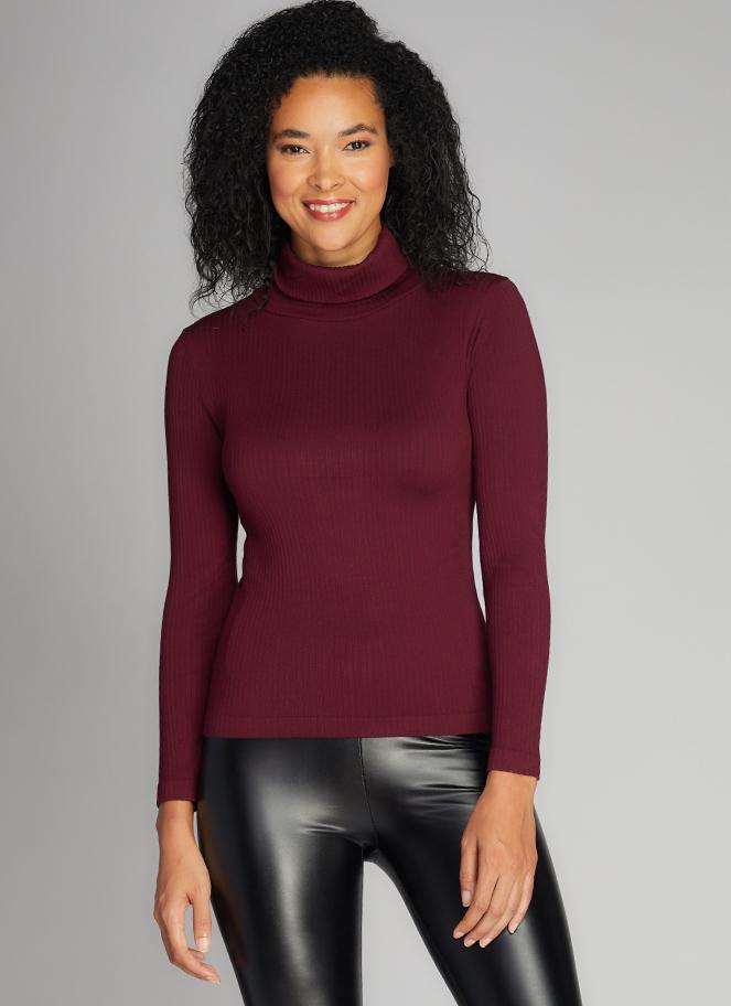 C'est Moi Seamless Ribbed Turtleneck Top in Bordeaux-The Trendy Walrus