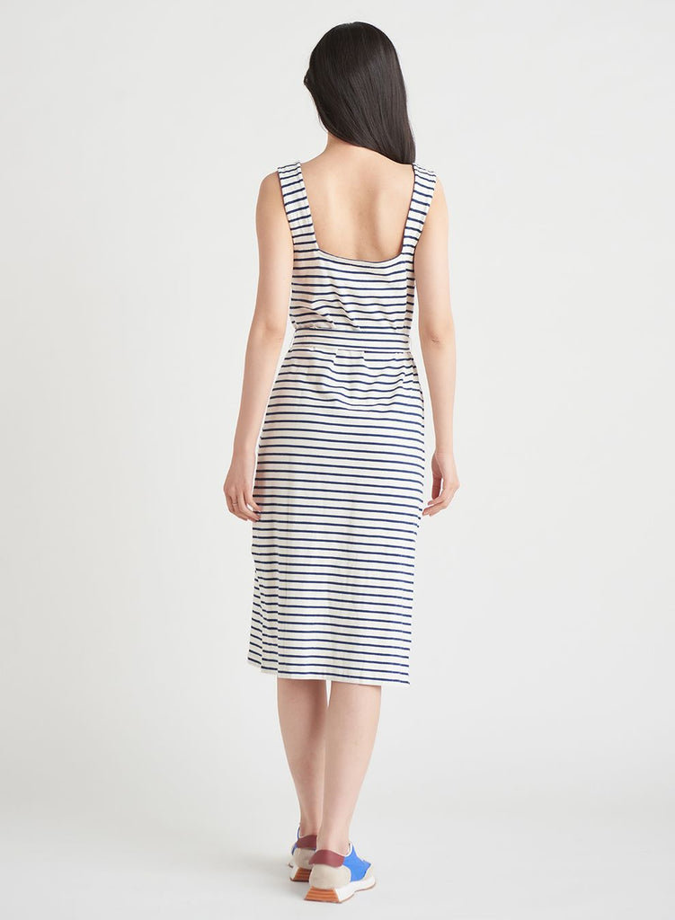 Dex Belted Knit Midi Dress in Navy Cream Stripe-The Trendy Walrus