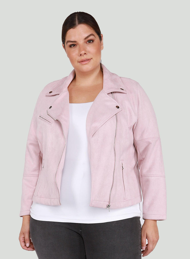 Dex Plus Faux Suede Moto Jacket in Petal Pink-The Trendy Walrus