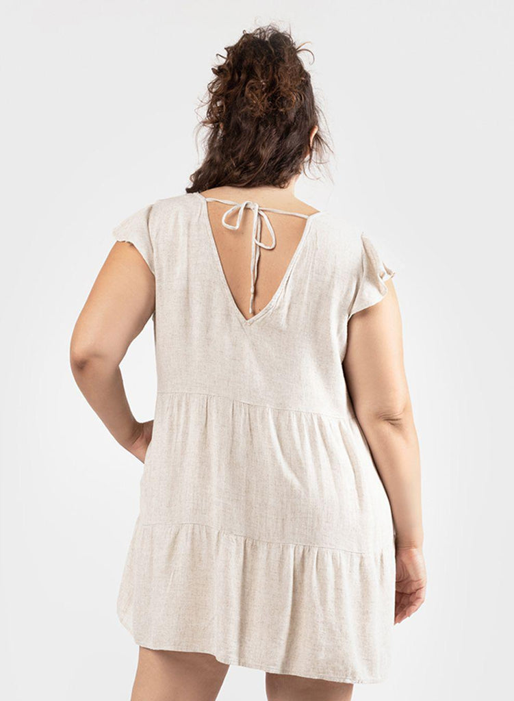 Dex Plus Flutter Sleeve Linen Babydoll Mini Dress in Sand Dollar-The Trendy Walrus