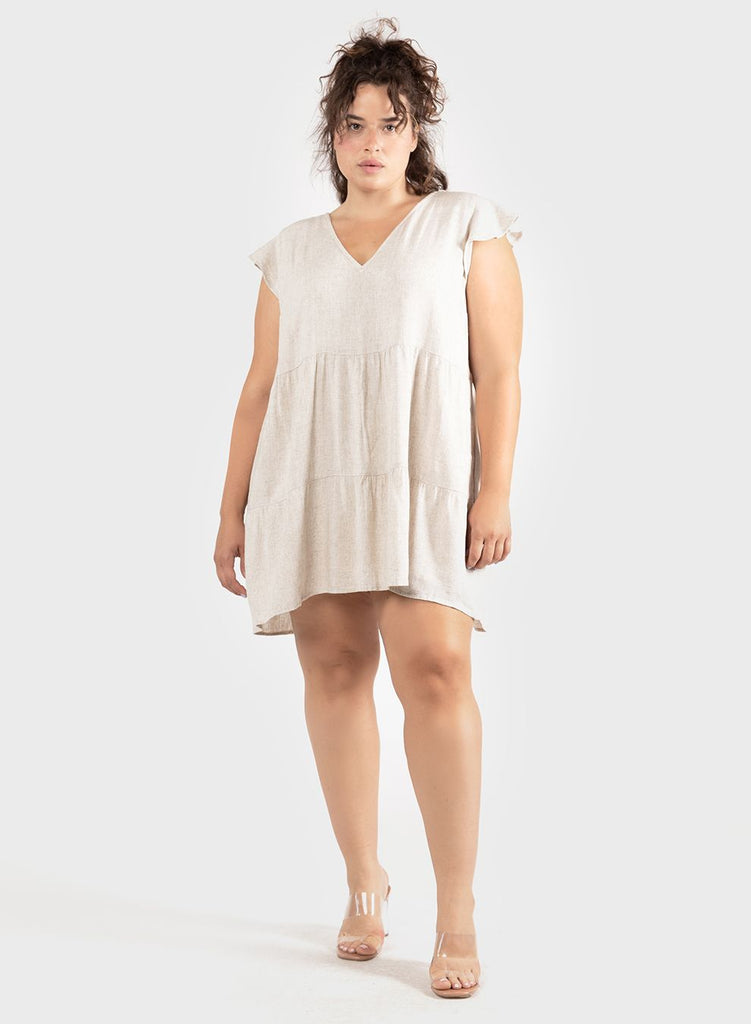 Dex Plus Flutter Sleeve Linen Babydoll Mini Dress in Sand Dollar-The Trendy Walrus
