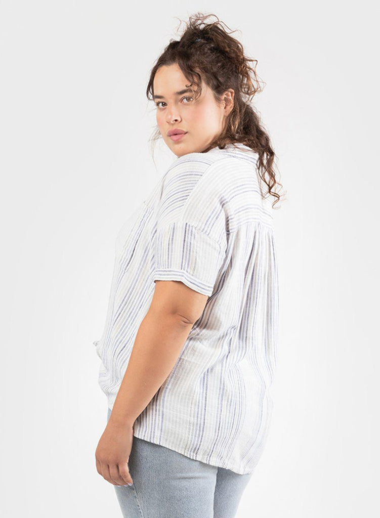 Dex Plus Tie Front Linen Shirt in White Sky Stripe-The Trendy Walrus