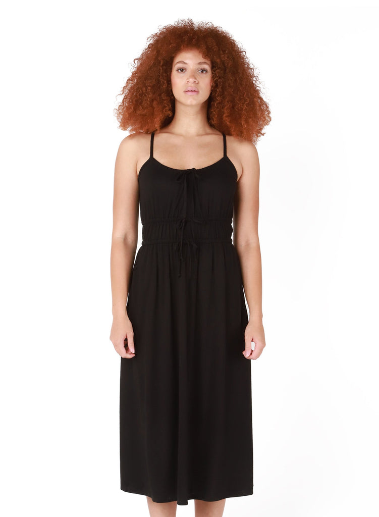 Dex Tie Front Drawstring Midi Dress In Black-The Trendy Walrus