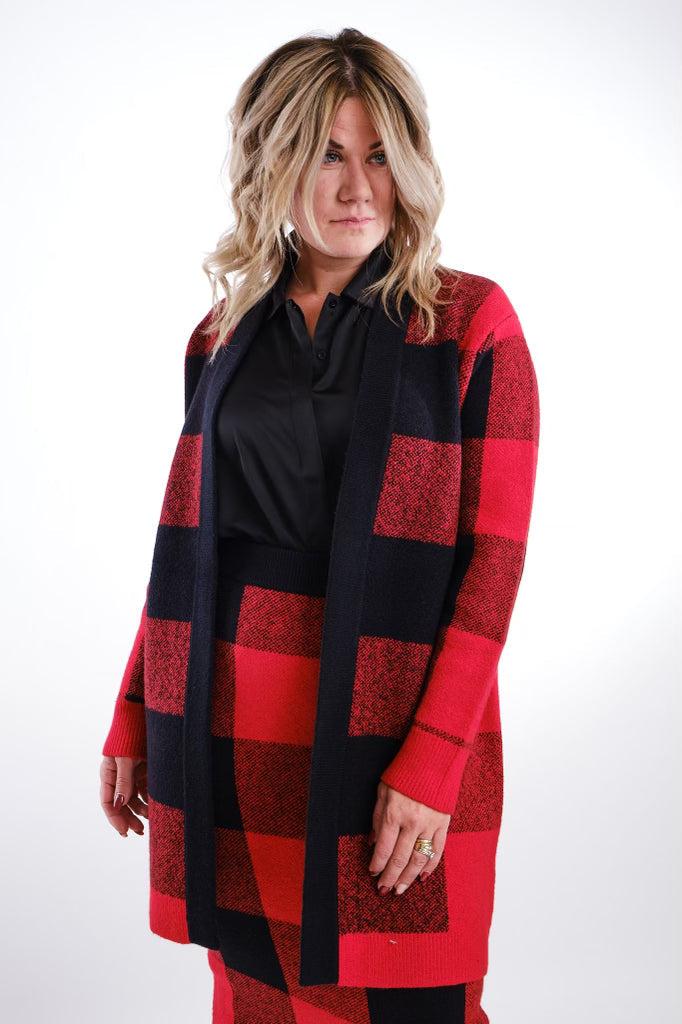 Esprit Buffalo Check Plaid Cardigan Sweater in Red-The Trendy Walrus