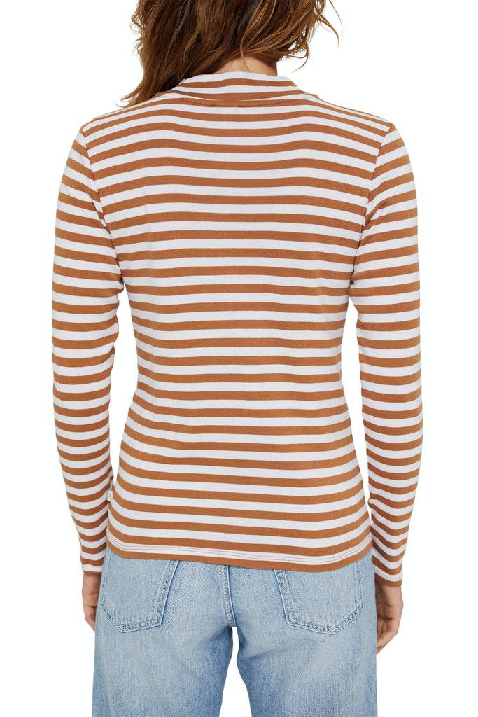 Esprit Long Sleeve Mock Neck Striped Organic Basic Tee in Camel/White-The Trendy Walrus